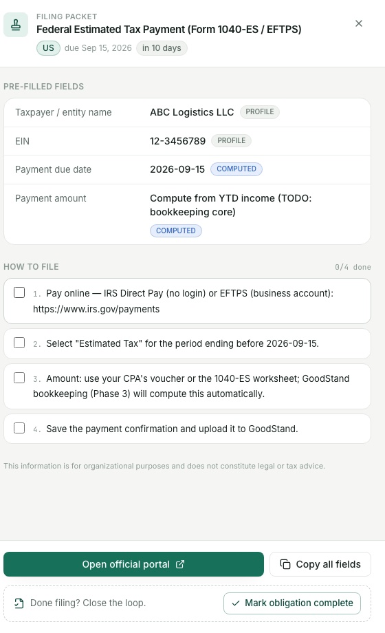 Filing packet: pre-filled fields, official portal link, step-by-step instructions